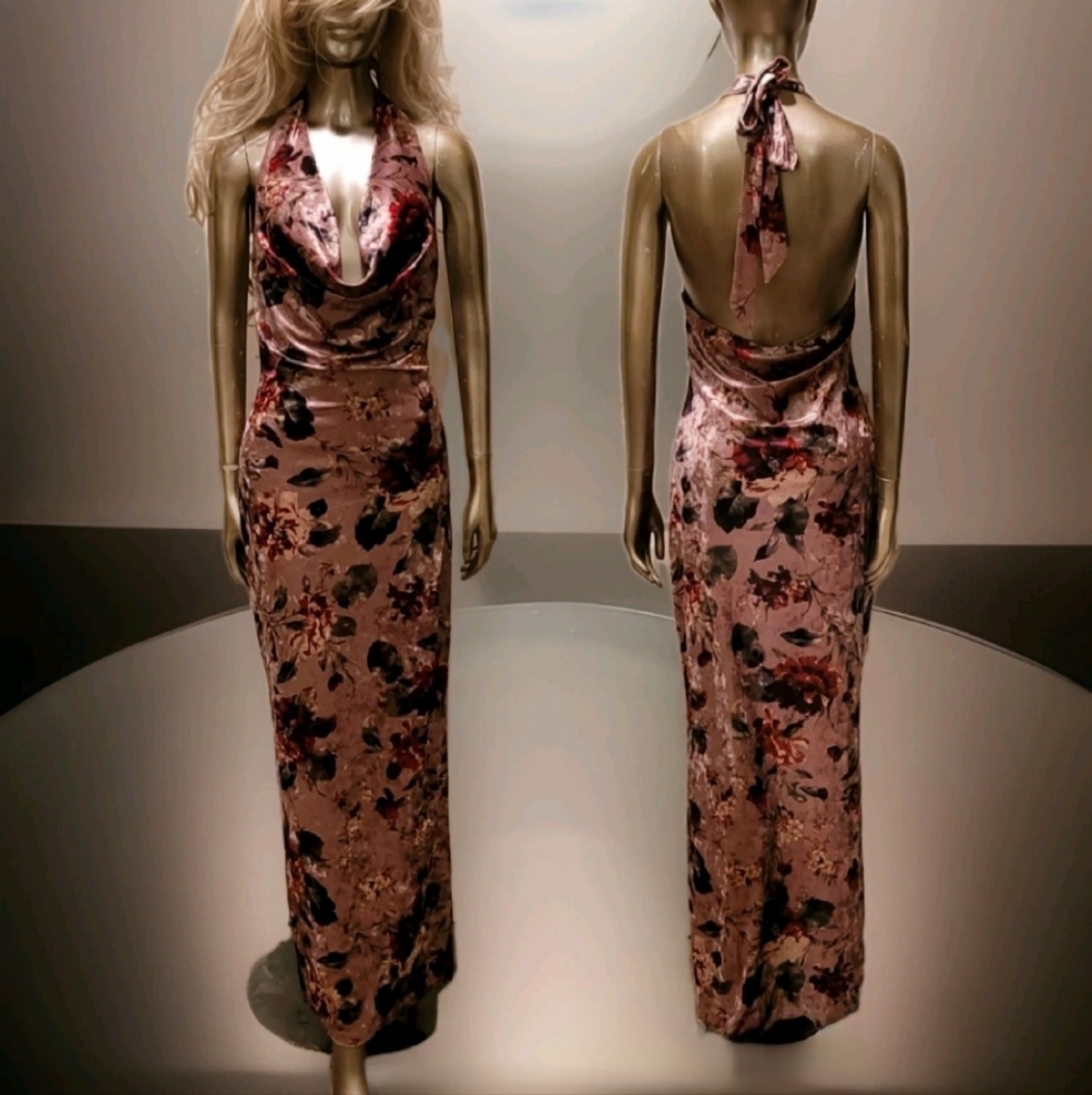NWT Elegant Blush Floral Velvet Draped Neck Bodycon Day Maxi Dress Sz M - Picture 13 of 16